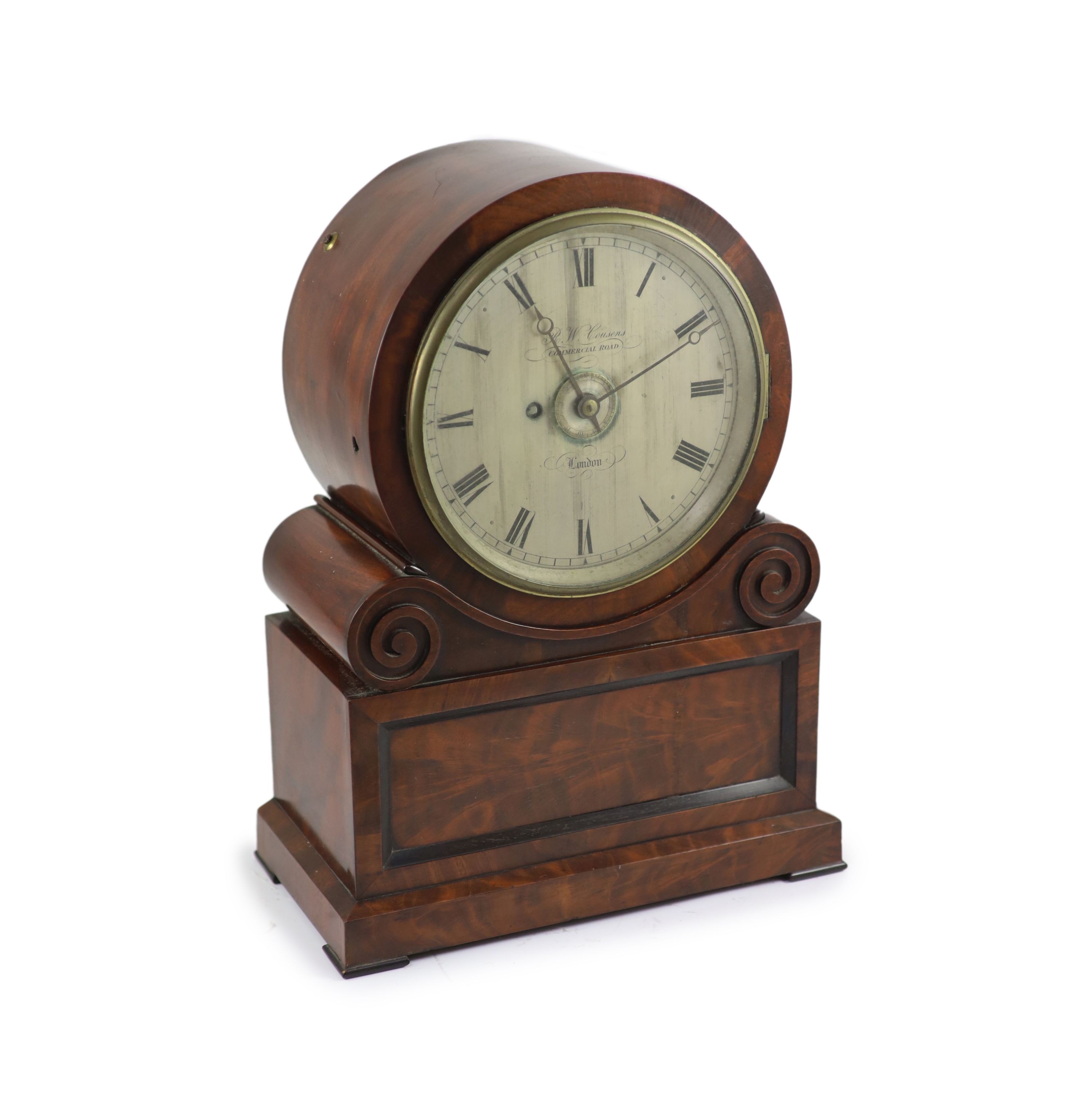 R W Cousens of Commercial Road, London, an early 19th century mahogany bracket timepiece H 43cm. W 32cm. D 17cm.